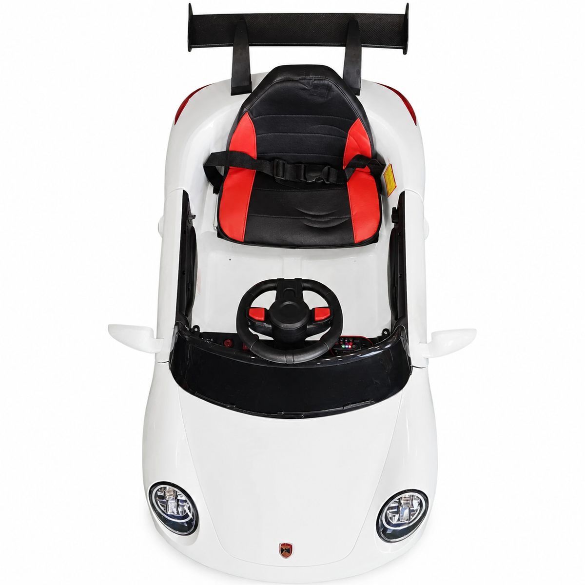 Coche eléctrico infantil estilo 911 blanco de 12 V con ruedas de goma y asiento de cuero