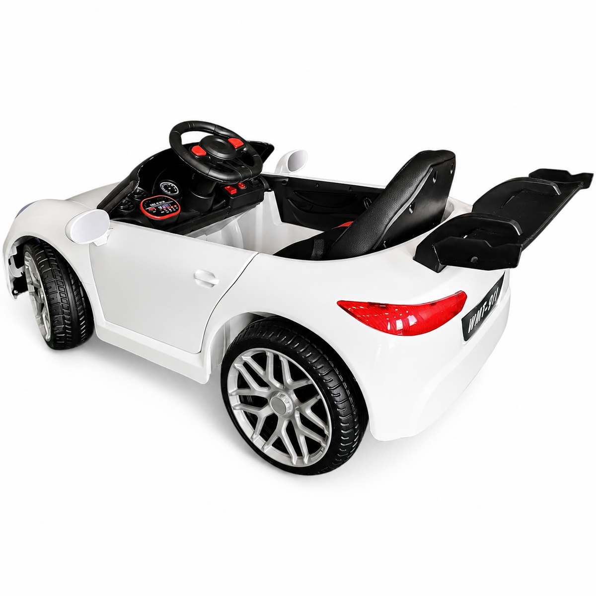 Coche eléctrico infantil estilo 911 blanco de 12 V con ruedas de goma y asiento de cuero