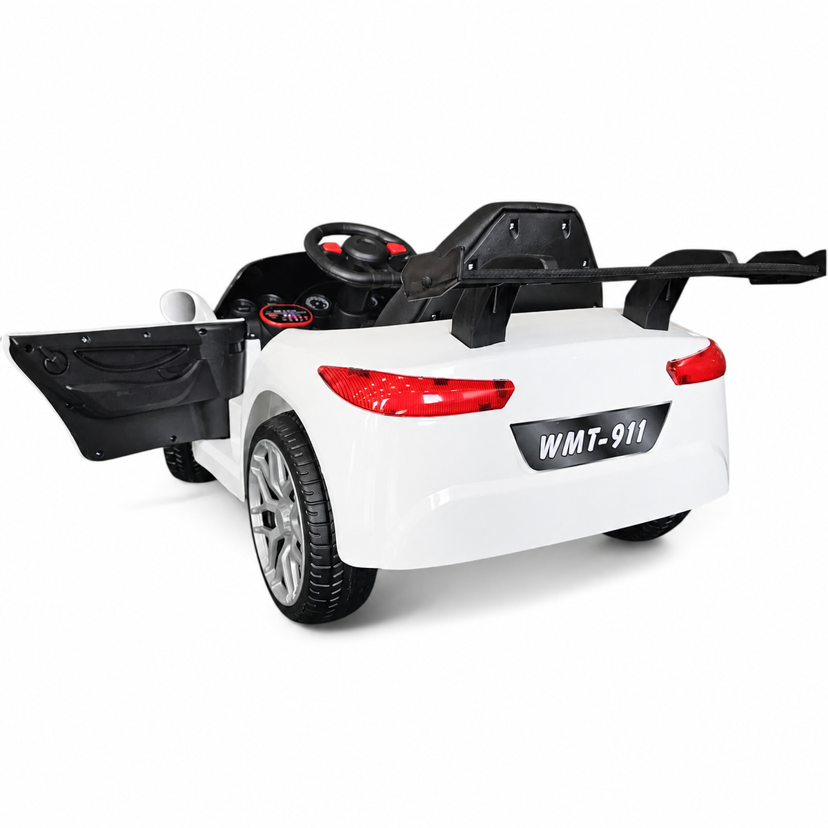 Coche eléctrico infantil estilo 911 blanco de 12 V con ruedas de goma y asiento de cuero