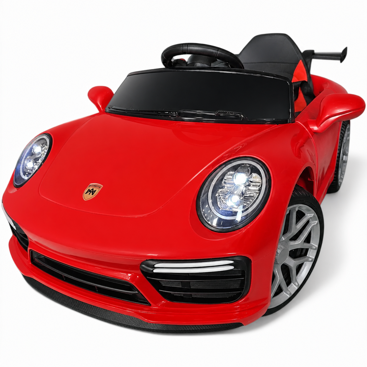 Coche eléctrico infantil estilo 911 rojo 12 V con ruedas de goma y asiento de piel