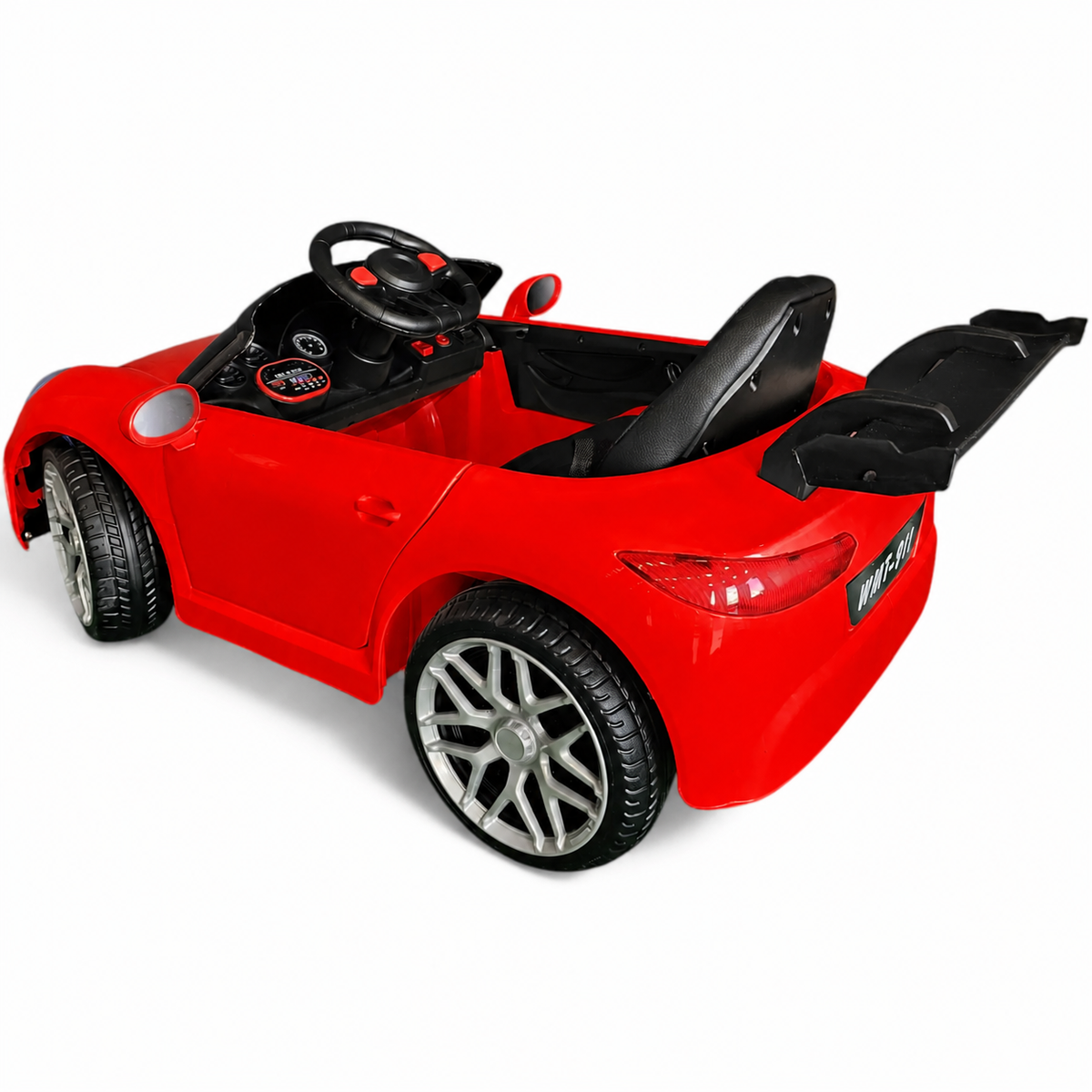 Coche eléctrico infantil estilo 911 rojo 12 V con ruedas de goma y asiento de piel
