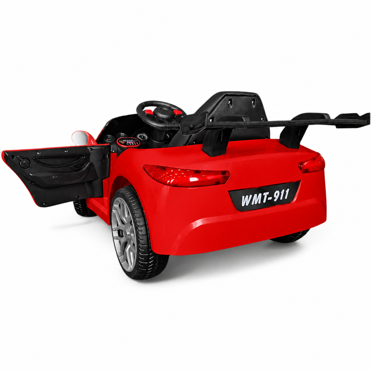 Coche eléctrico infantil estilo 911 rojo 12 V con ruedas de goma y asiento de piel