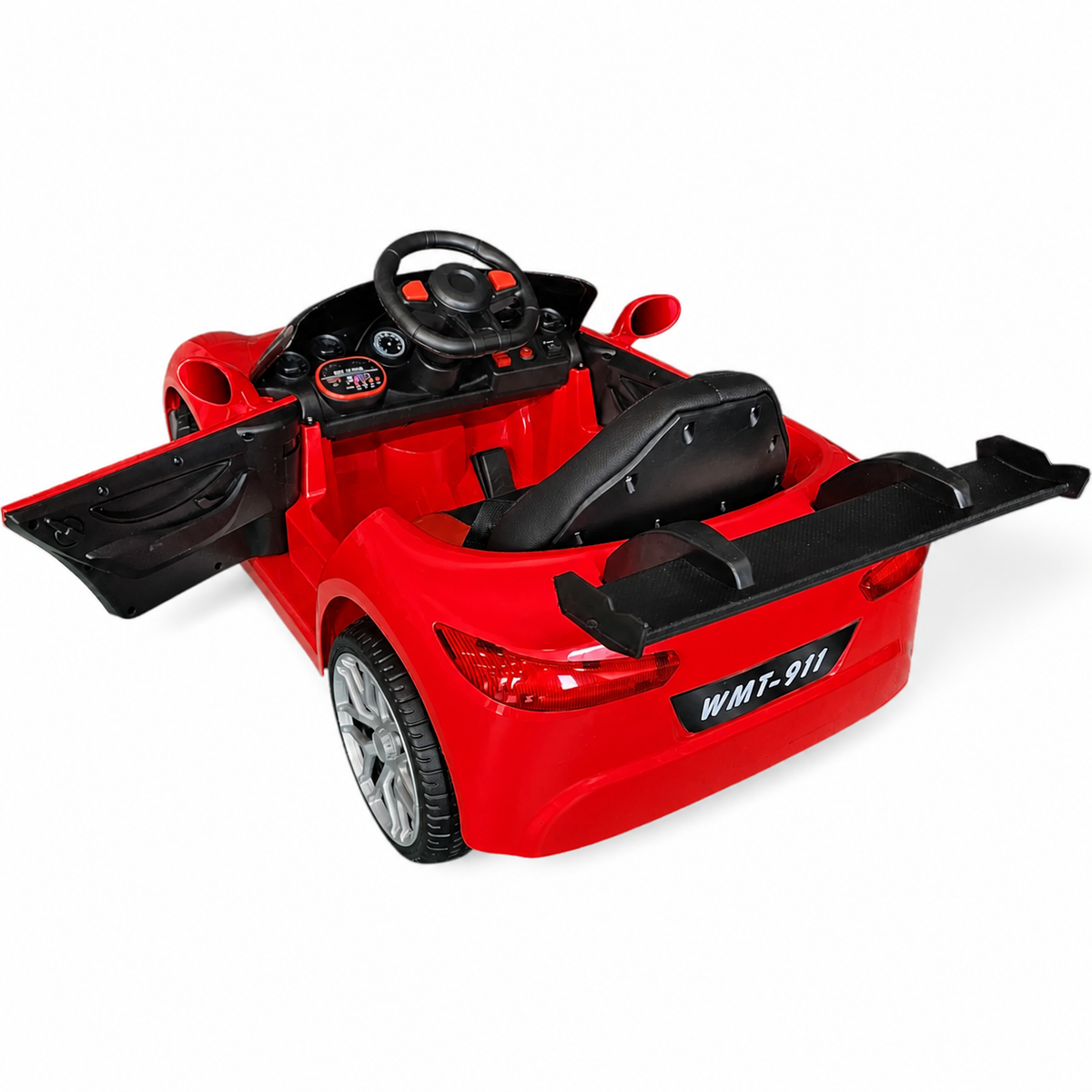 Coche eléctrico infantil estilo 911 rojo 12 V con ruedas de goma y asiento de piel