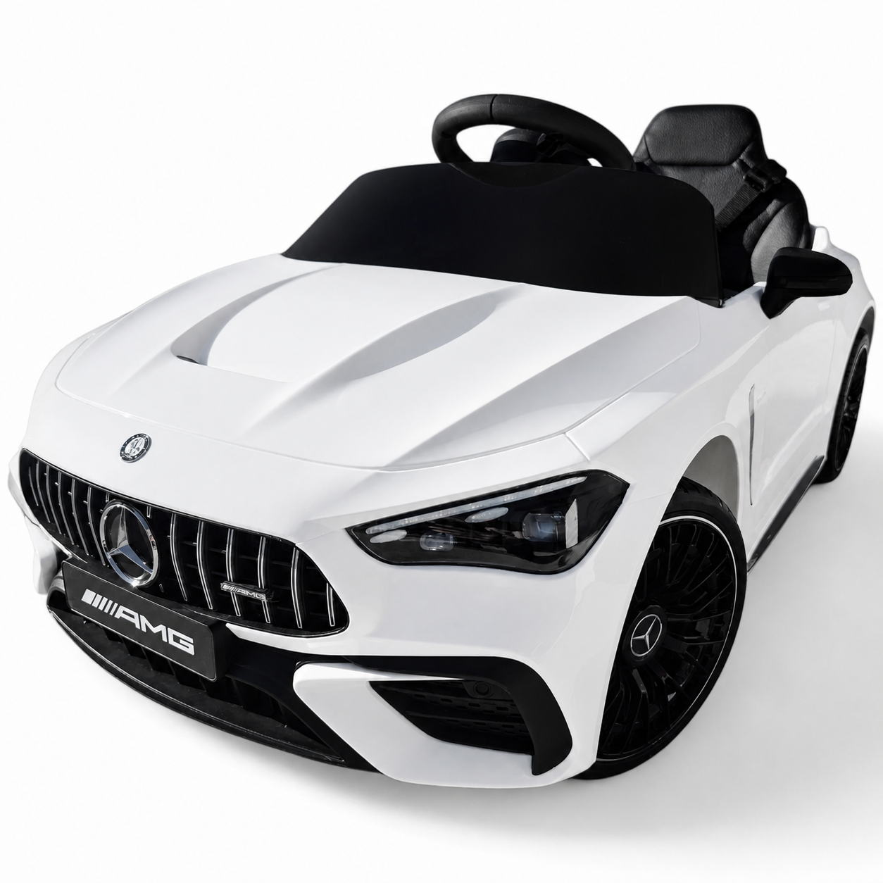 Coche eléctrico infantil Mercedes CLE53 blanco de 12V con ruedas de goma y asiento de piel