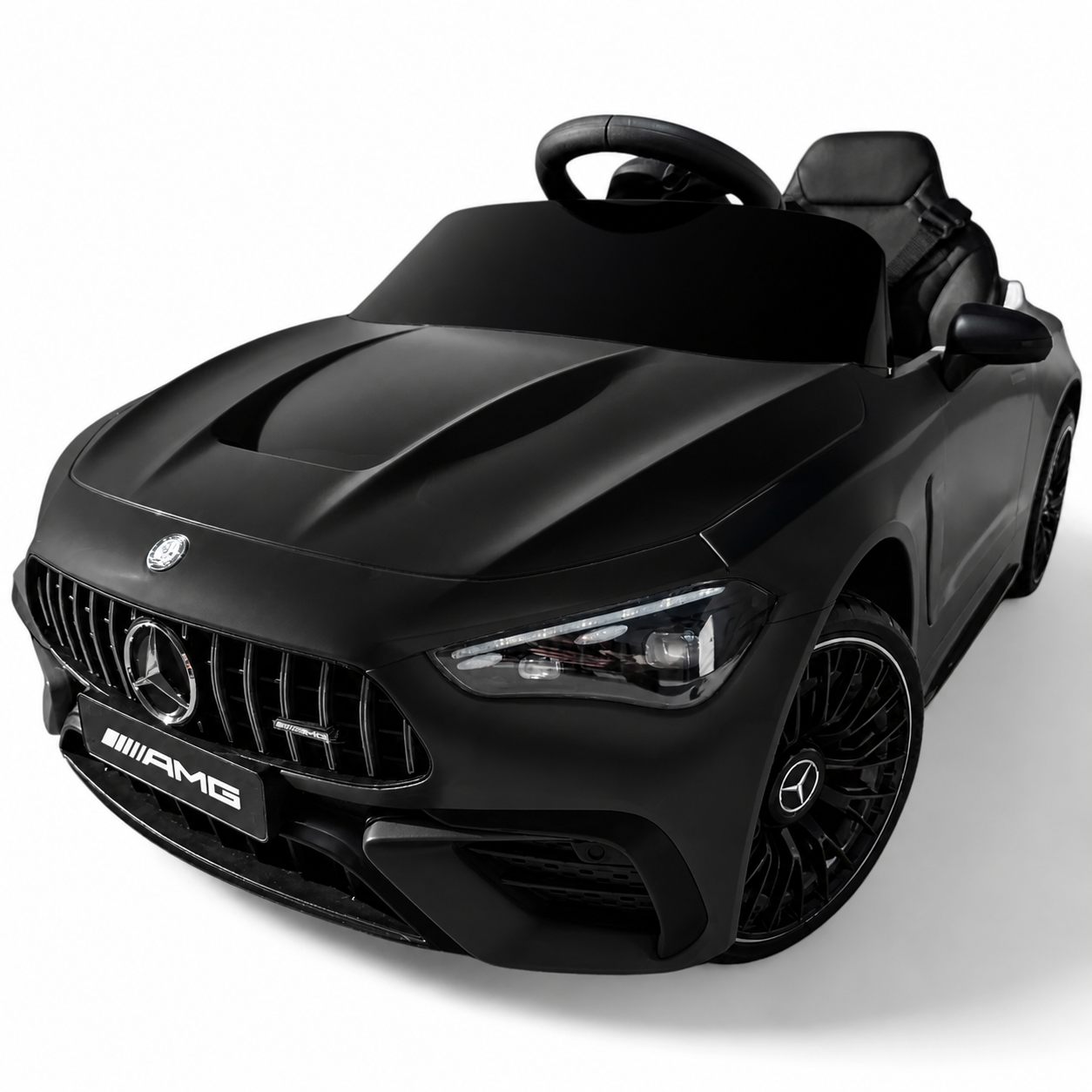 Coche eléctrico infantil Mercedes CLE53 negro de 12V con ruedas de goma y asiento de piel