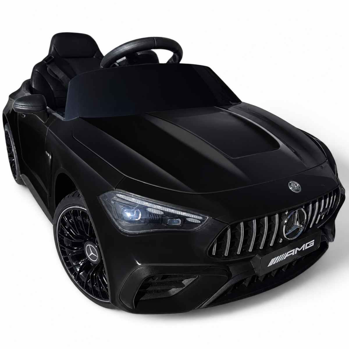 Coche eléctrico infantil Mercedes CLE53 negro de 12V con ruedas de goma y asiento de piel