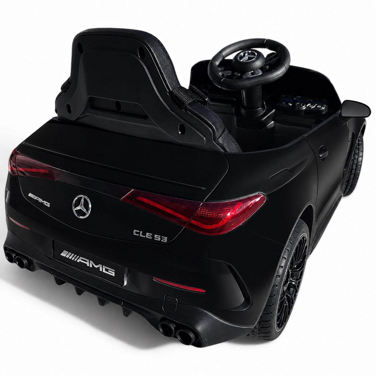 Coche eléctrico infantil Mercedes CLE53 negro de 12V con ruedas de goma y asiento de piel