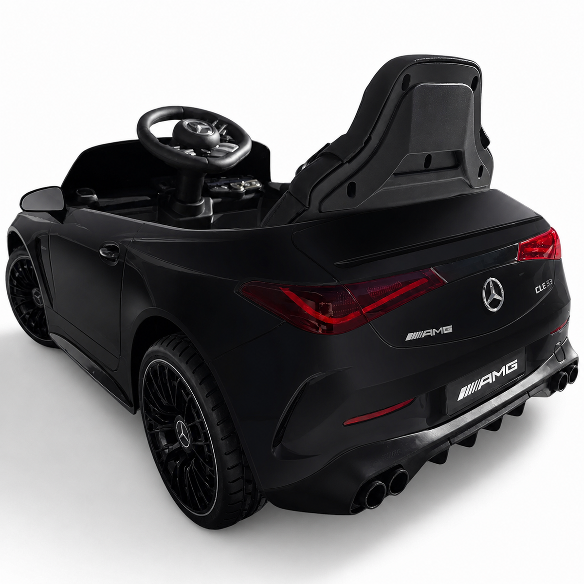 Coche eléctrico infantil Mercedes CLE53 negro de 12V con ruedas de goma y asiento de piel