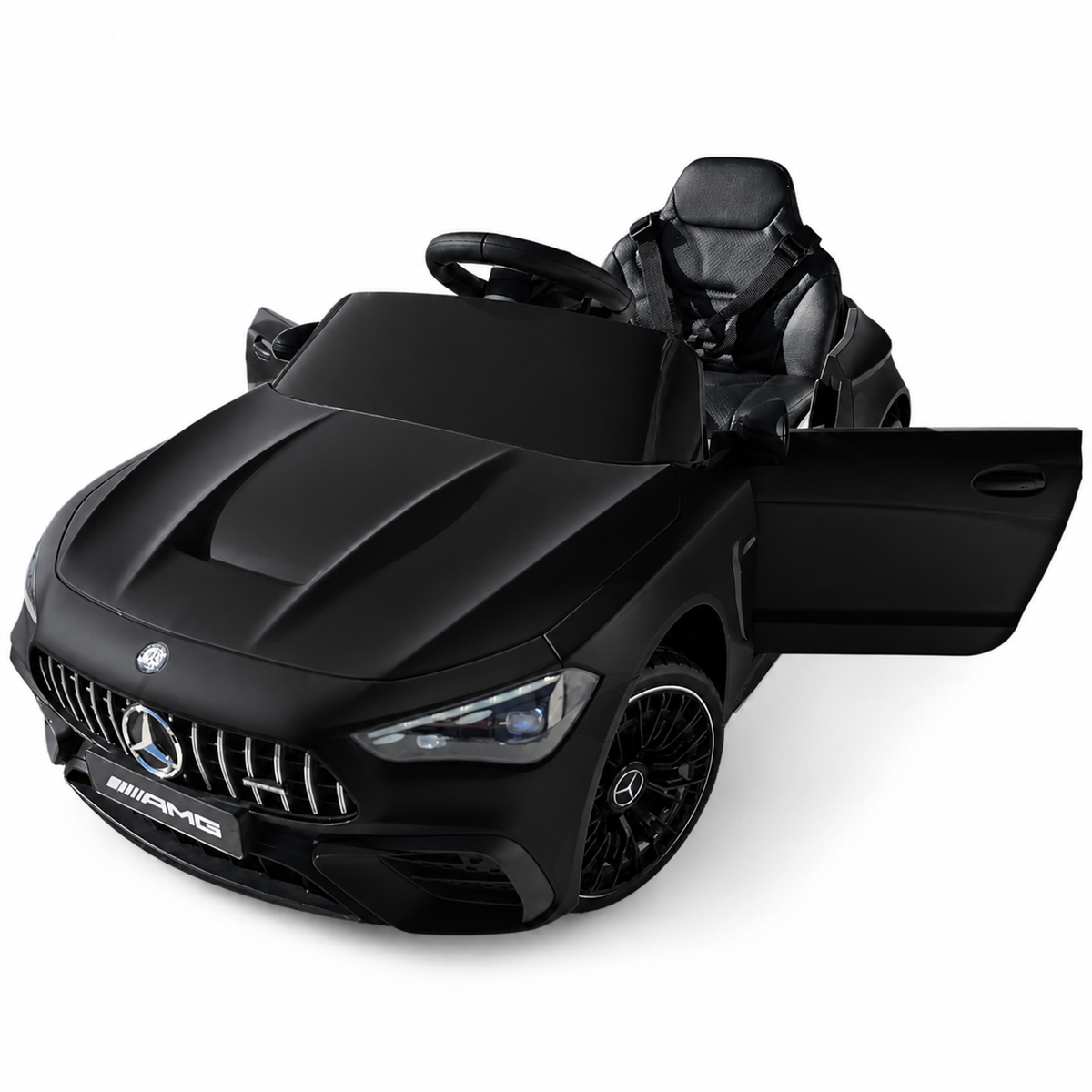 Coche eléctrico infantil Mercedes CLE53 negro de 12V con ruedas de goma y asiento de piel