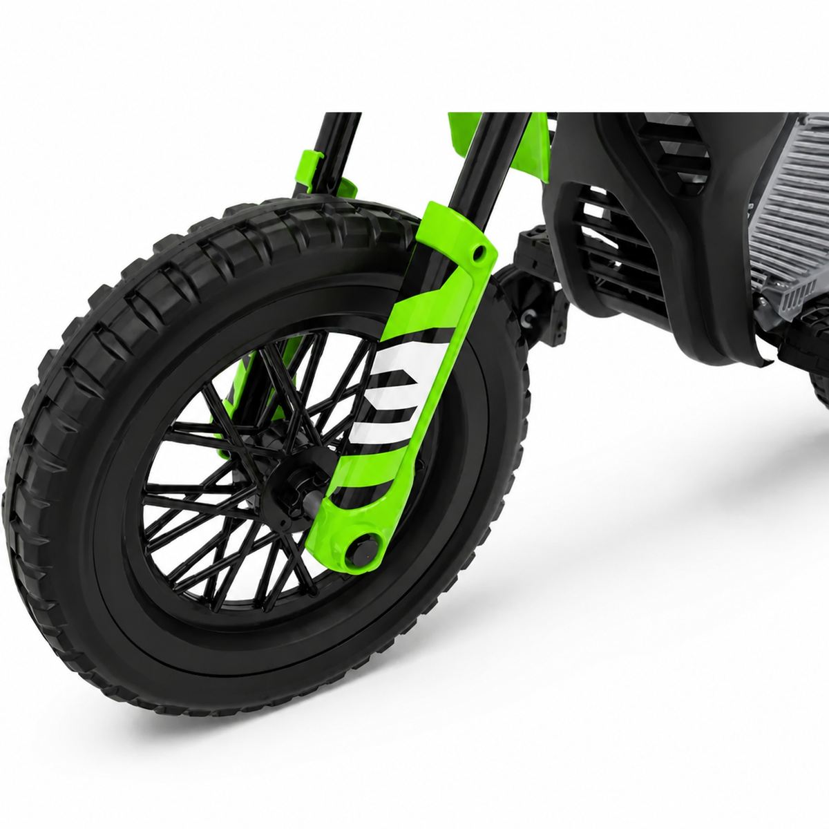 Moto eléctrica infantil estilo CROSS de 12 V verde, con RUEDAS DE GOMA y ASIENTO DE PIEL