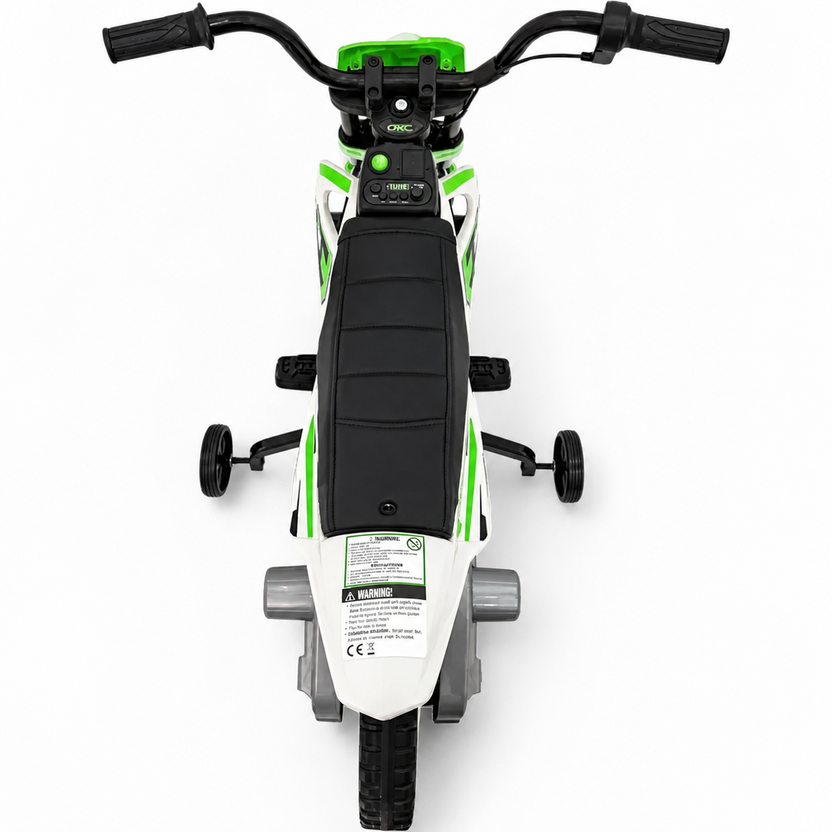 Moto eléctrica infantil estilo CROSS de 12 V verde, con RUEDAS DE GOMA y ASIENTO DE PIEL