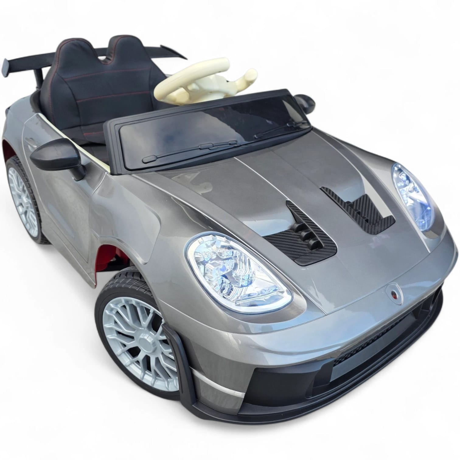 Coche Eléctrico para Niños GT3 Style Gris Metalizado 12v c/ RUEDAS DE GOMA & ASIENTO DE PIEL