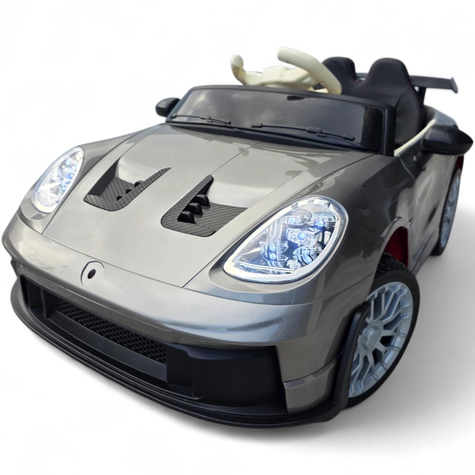 Coche Eléctrico para Niños GT3 Style Gris Metalizado 12v c/ RUEDAS DE GOMA & ASIENTO DE PIEL