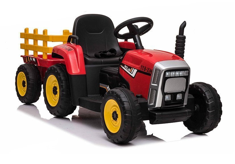Trator Elétrico para Criança com Atrelado 12v Vermelho c/ RODAS DE BORRACHA & ASSENTO EM PELE