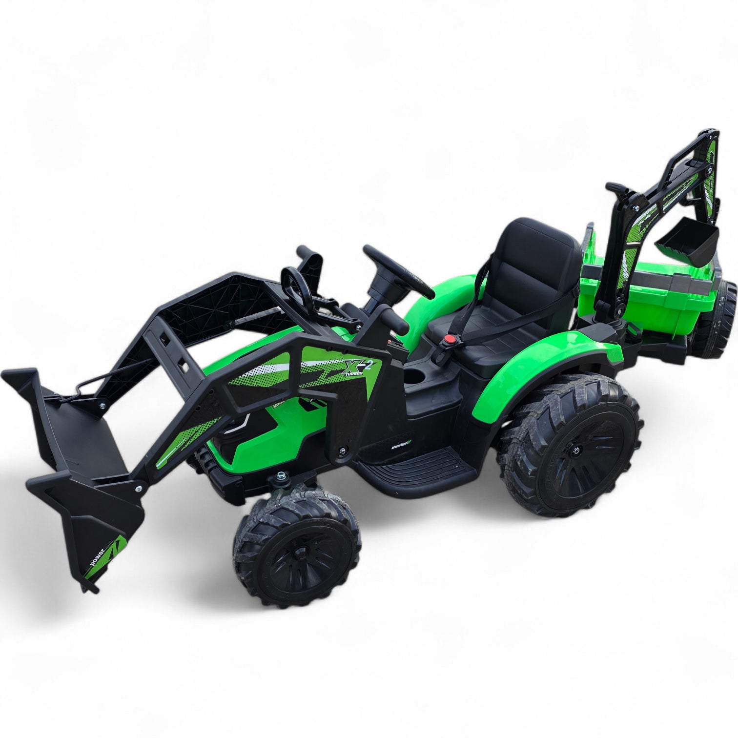 Tractor Eléctrico para Niño c/ Remolque y excavadora 12v Verde c/ RUEDAS DE GOMA & ASIENTO DE PIEL