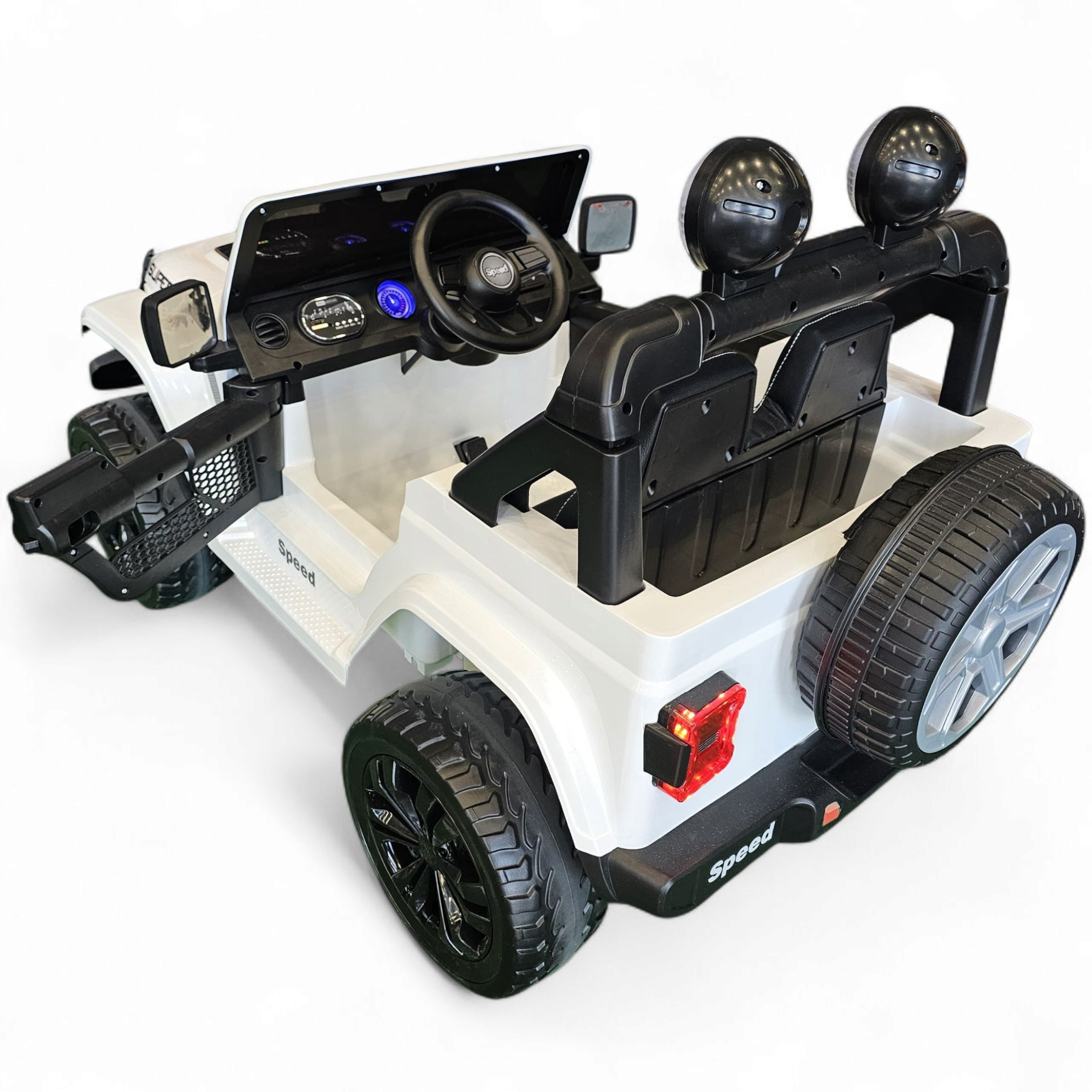 Jeep eléctrico para niños 12v con ruedas de goma y asientos de cuero