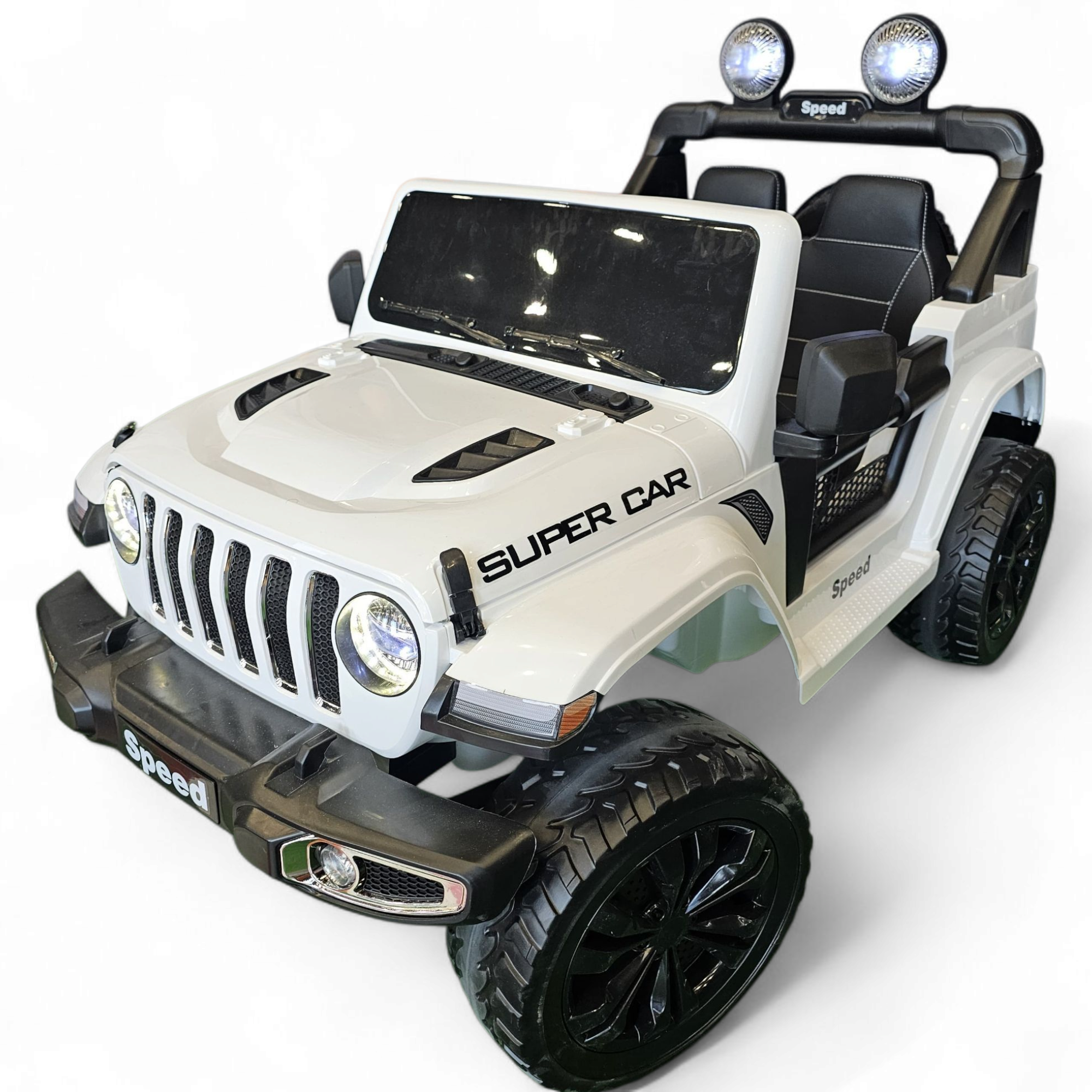 Jeep eléctrico para niños 12v con ruedas de goma y asientos de cuero