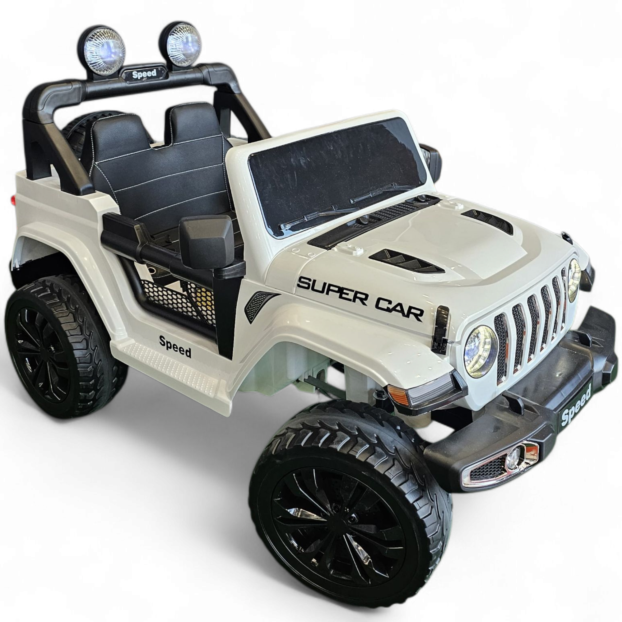 Jeep eléctrico para niños 12v con ruedas de goma y asientos de cuero