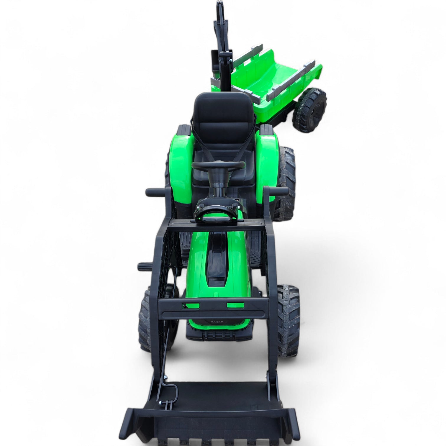 Tractor Eléctrico para Niño c/ Remolque y excavadora 12v Verde c/ RUEDAS DE GOMA & ASIENTO DE PIEL