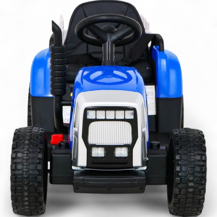 Tractor Eléctrico para Niños con Remolque 12v Azul c/ RUEDAS DE GOMA & ASIENTO DE PIEL