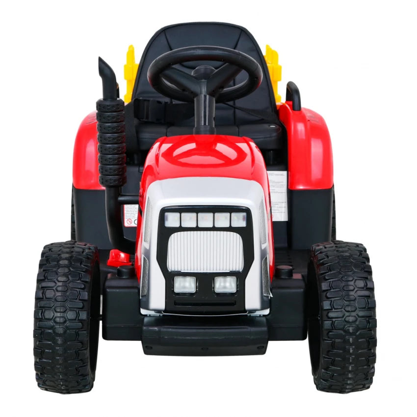 Trator Elétrico para Criança com Atrelado 12v Vermelho c/ RODAS DE BORRACHA & ASSENTO EM PELE