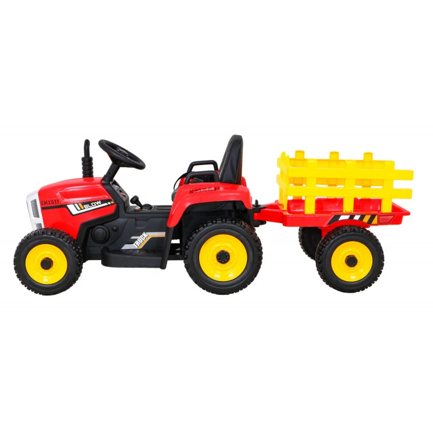 Trator Elétrico para Criança com Atrelado 12v Vermelho c/ RODAS DE BORRACHA & ASSENTO EM PELE