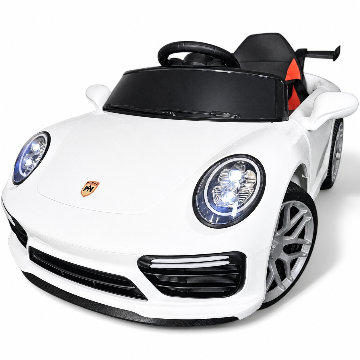 Coche eléctrico infantil estilo 911 blanco de 12 V con ruedas de goma y asiento de cuero