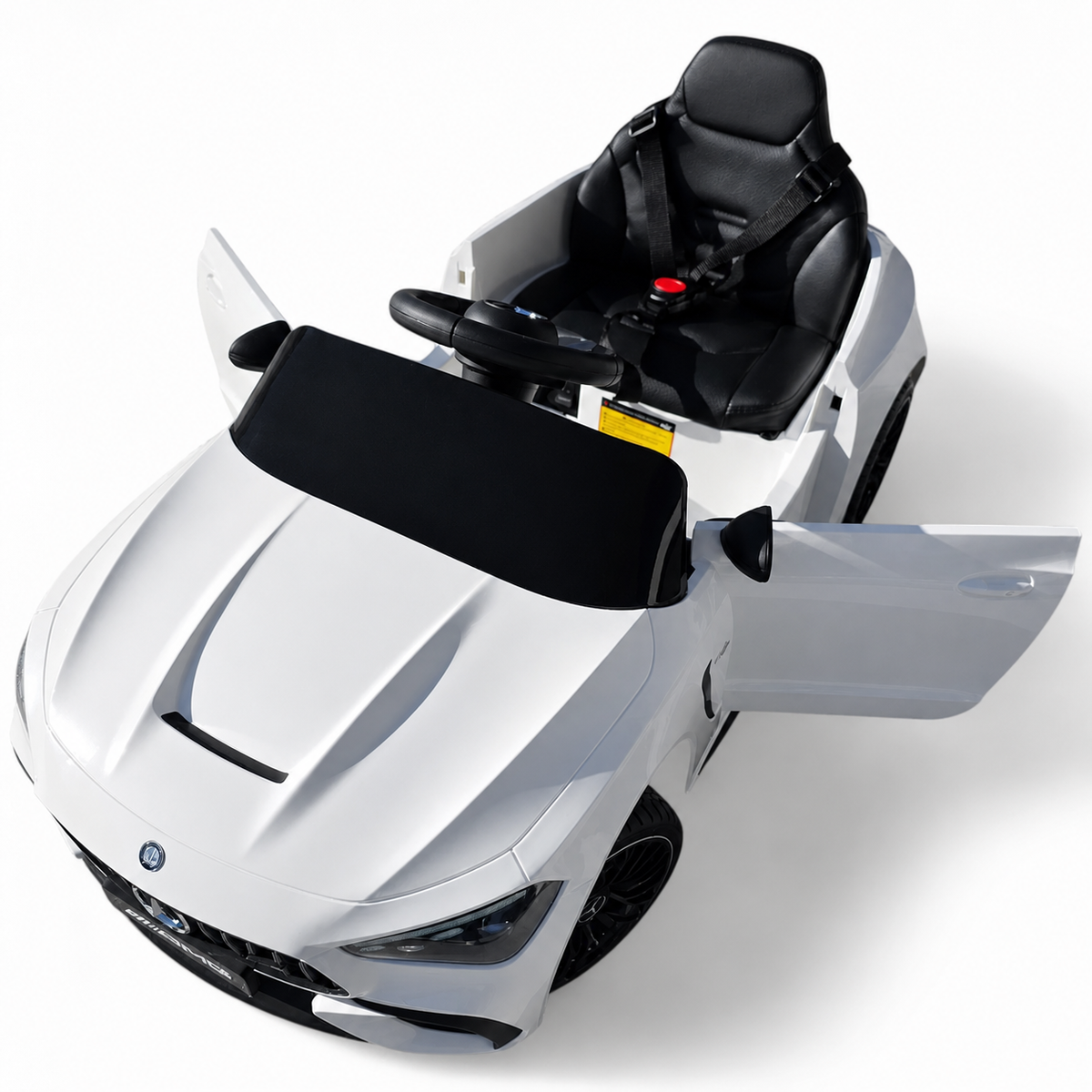 Coche eléctrico infantil Mercedes CLE53 blanco de 12V con ruedas de goma y asiento de piel