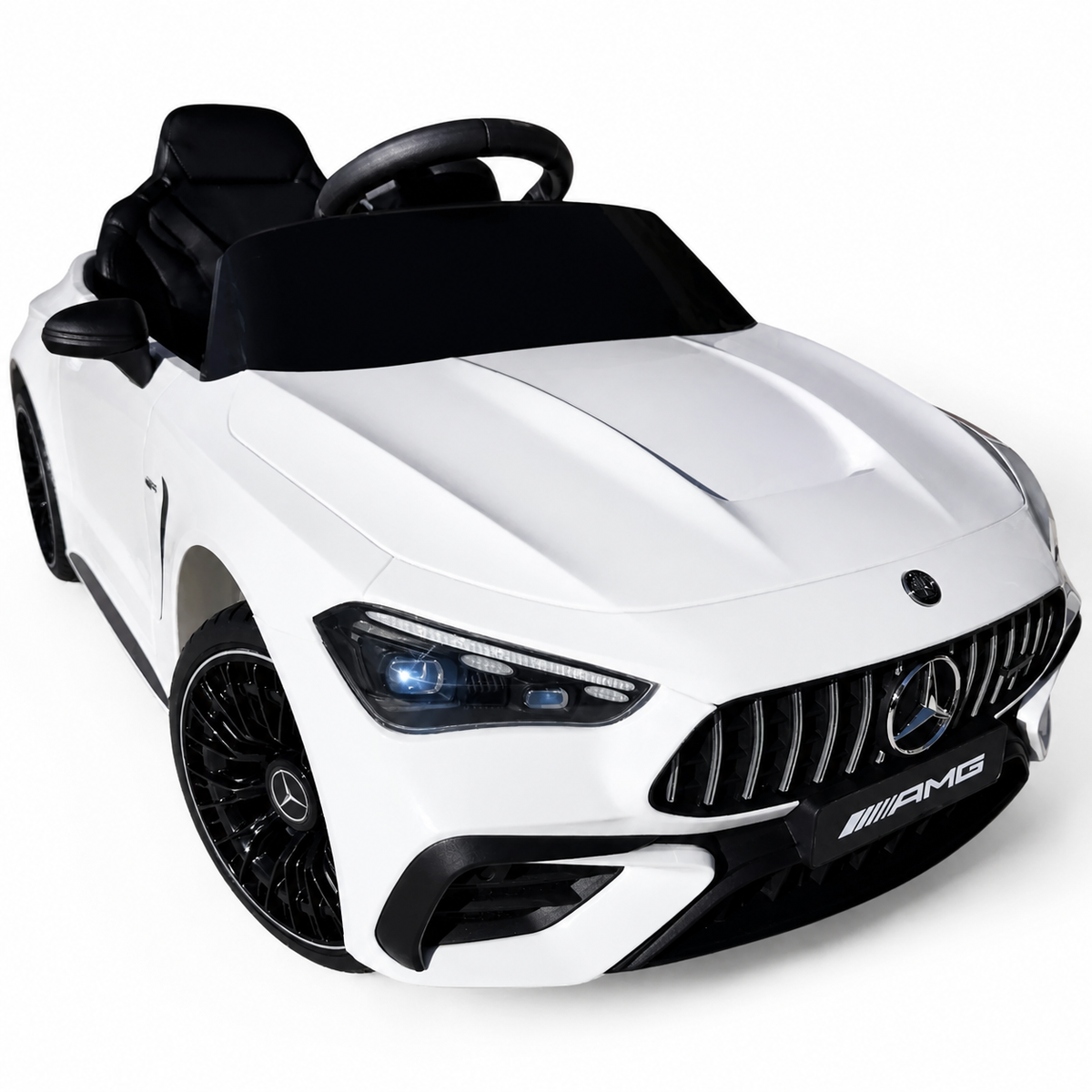 Coche eléctrico infantil Mercedes CLE53 blanco de 12V con ruedas de goma y asiento de piel
