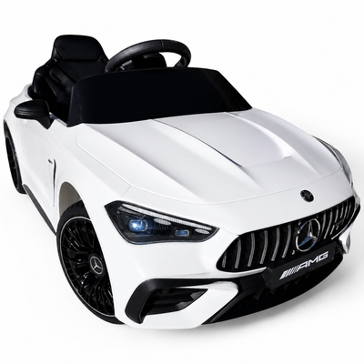 Coche eléctrico infantil Mercedes CLE53 blanco de 12V con ruedas de goma y asiento de piel