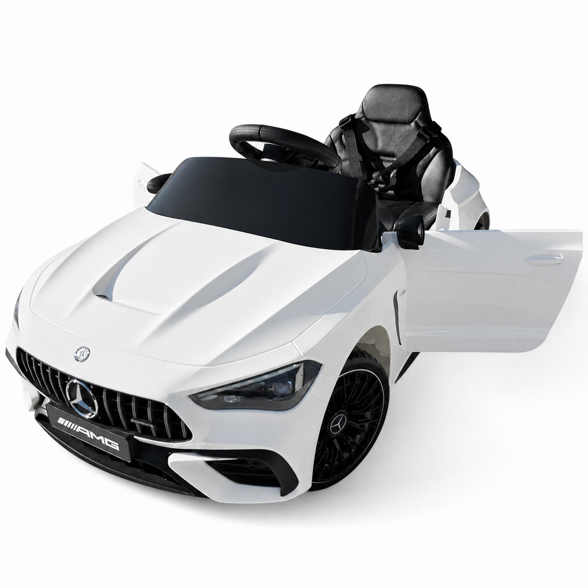 Coche eléctrico infantil Mercedes CLE53 blanco de 12V con ruedas de goma y asiento de piel