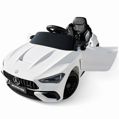 Coche eléctrico infantil Mercedes CLE53 blanco de 12V con ruedas de goma y asiento de piel