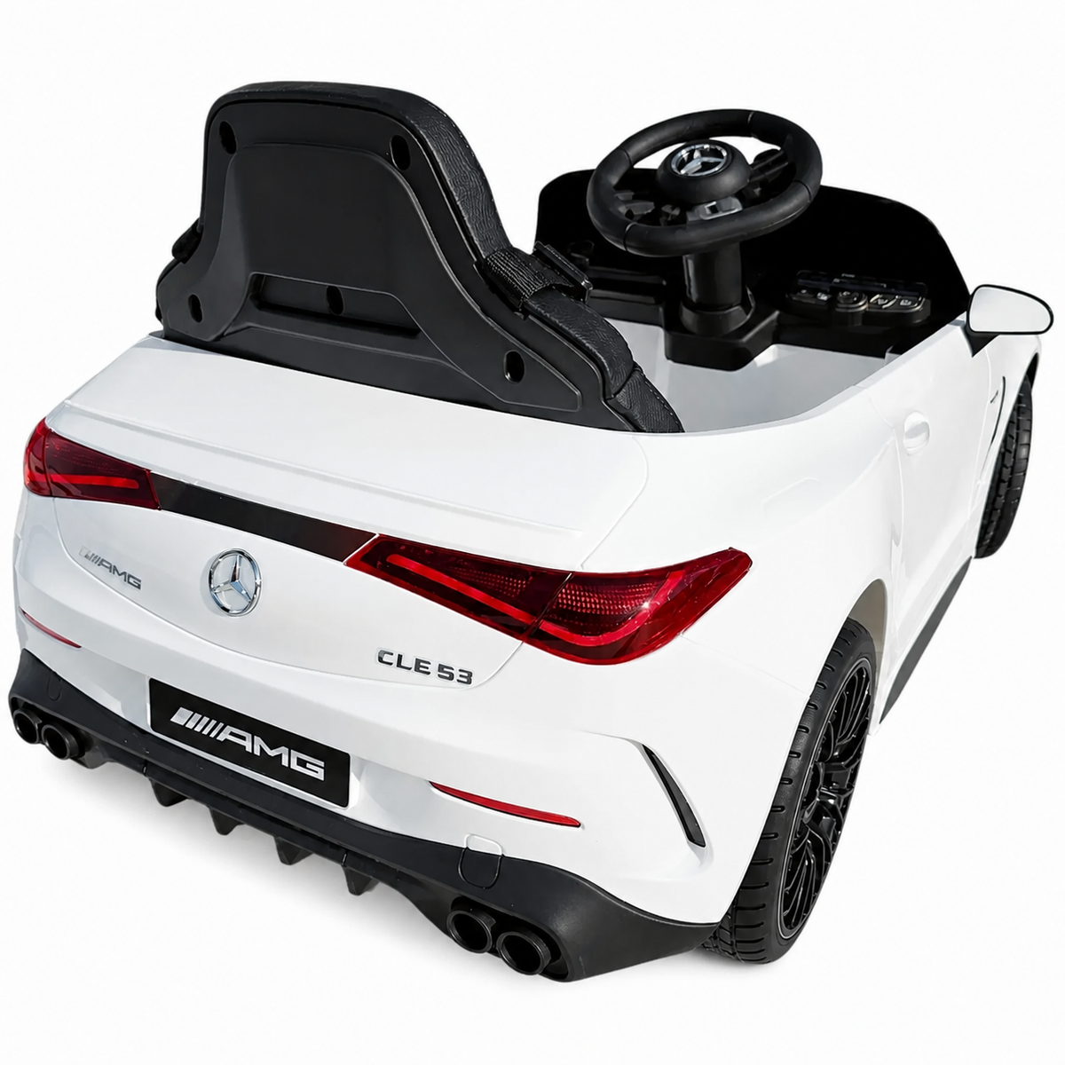 Coche eléctrico infantil Mercedes CLE53 blanco de 12V con ruedas de goma y asiento de piel