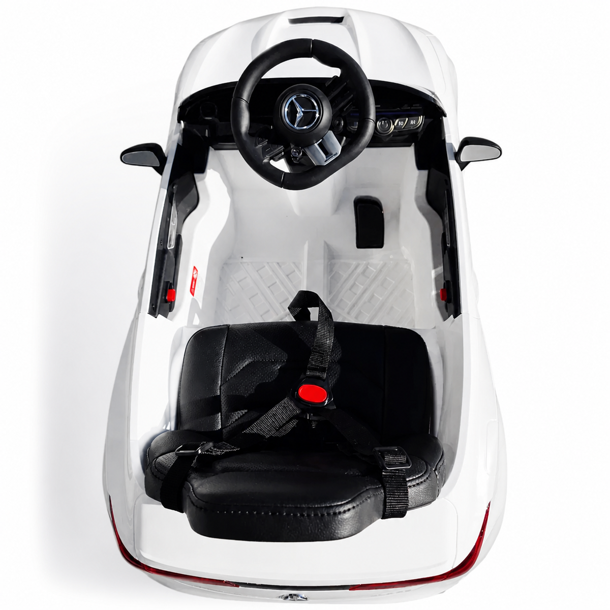 Coche eléctrico infantil Mercedes CLE53 blanco de 12V con ruedas de goma y asiento de piel