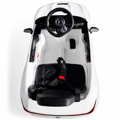 Coche eléctrico infantil Mercedes CLE53 blanco de 12V con ruedas de goma y asiento de piel