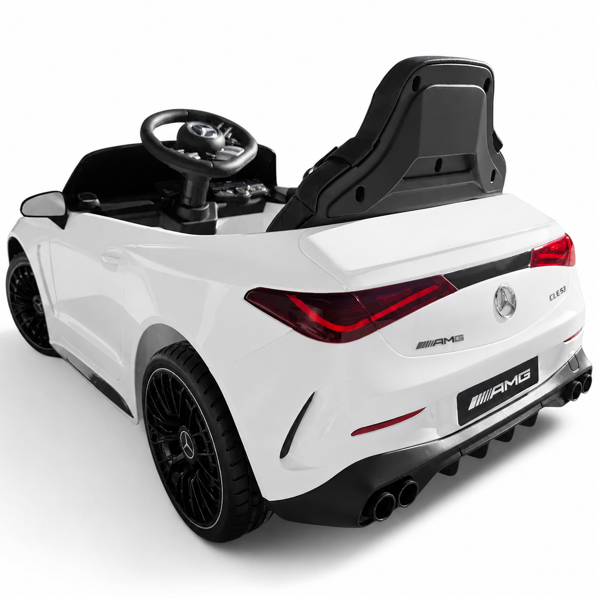 Coche eléctrico infantil Mercedes CLE53 blanco de 12V con ruedas de goma y asiento de piel