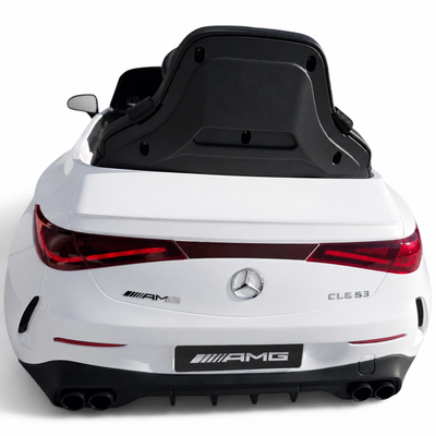 Coche eléctrico infantil Mercedes CLE53 blanco de 12V con ruedas de goma y asiento de piel