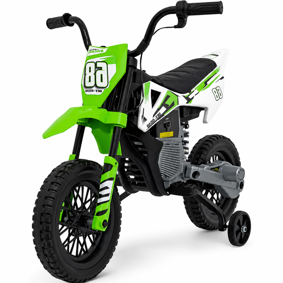 Moto eléctrica infantil estilo CROSS de 12 V verde, con RUEDAS DE GOMA y ASIENTO DE PIEL