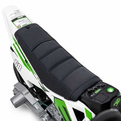 Moto eléctrica infantil estilo CROSS de 12 V verde, con RUEDAS DE GOMA y ASIENTO DE PIEL