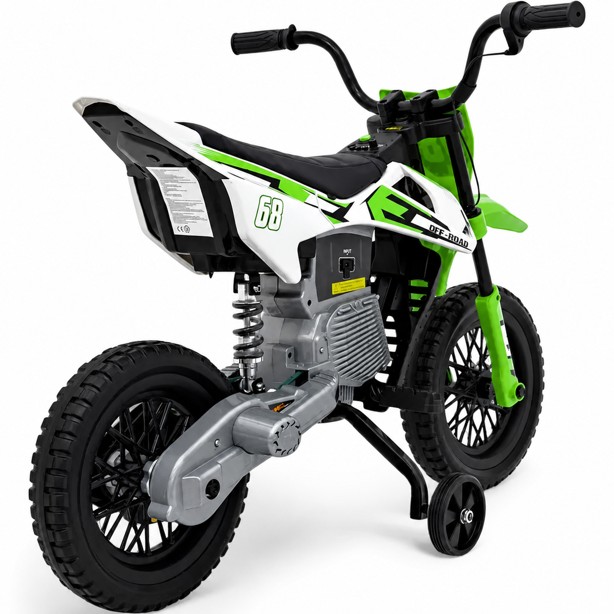 Moto eléctrica infantil estilo CROSS de 12 V verde, con RUEDAS DE GOMA y ASIENTO DE PIEL