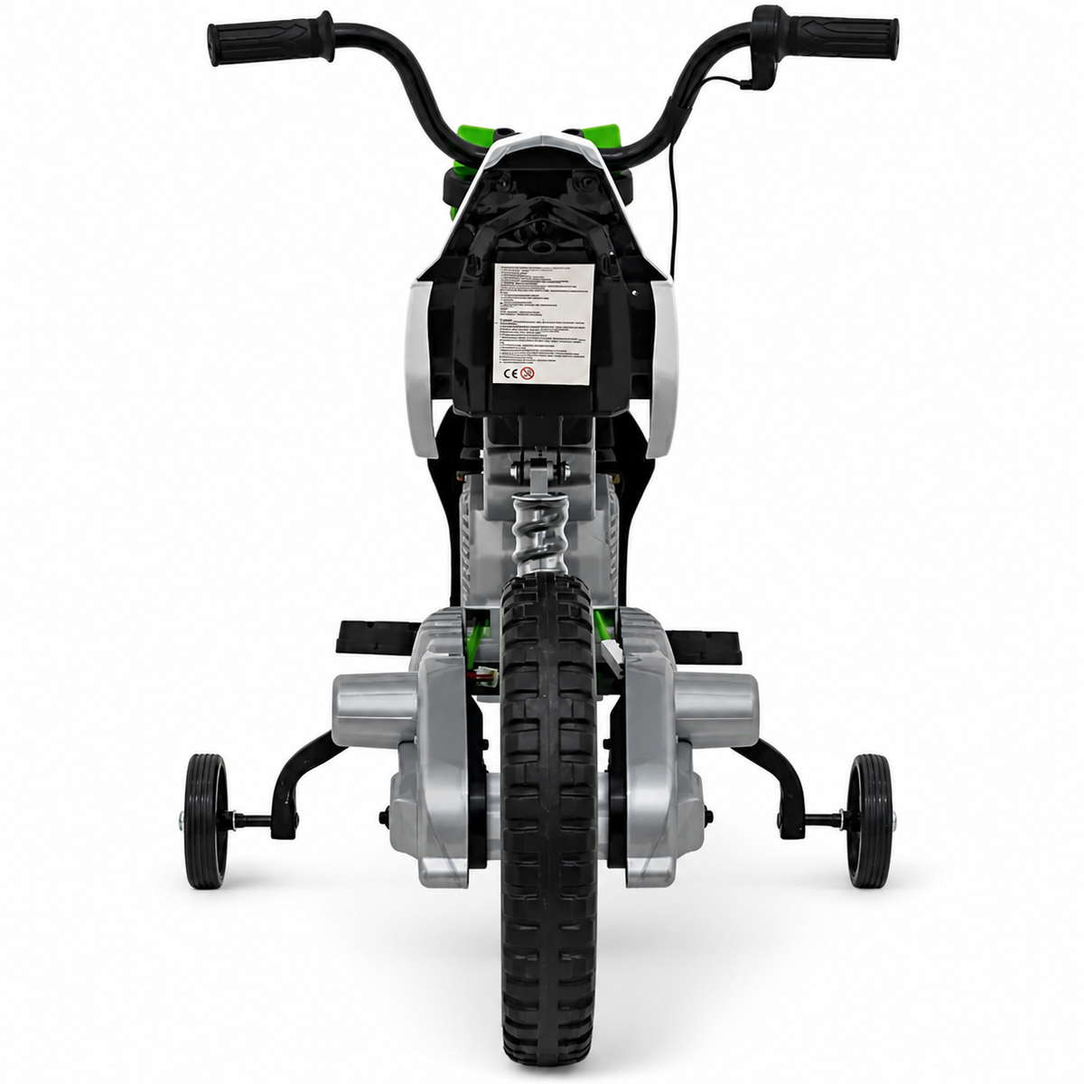 Moto eléctrica infantil estilo CROSS de 12 V verde, con RUEDAS DE GOMA y ASIENTO DE PIEL