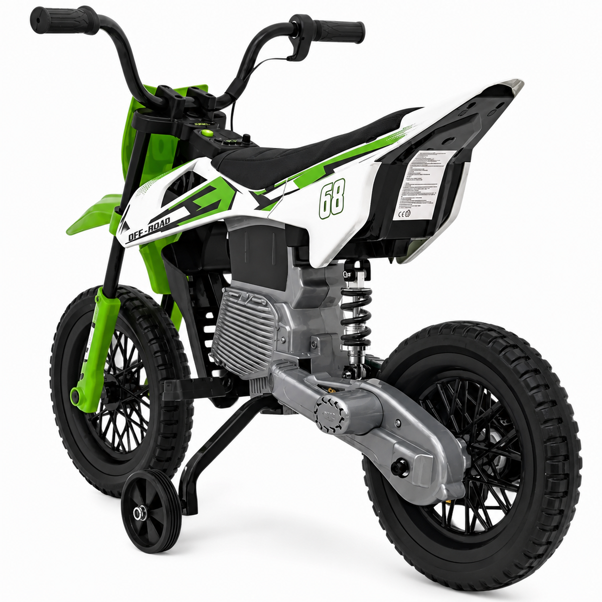 Moto eléctrica infantil estilo CROSS de 12 V verde, con RUEDAS DE GOMA y ASIENTO DE PIEL