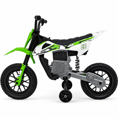 Moto eléctrica infantil estilo CROSS de 12 V verde, con RUEDAS DE GOMA y ASIENTO DE PIEL
