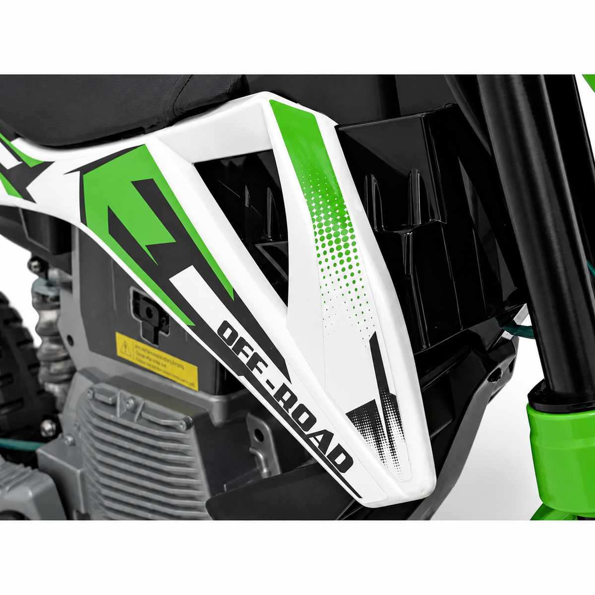 Moto eléctrica infantil estilo CROSS de 12 V verde, con RUEDAS DE GOMA y ASIENTO DE PIEL