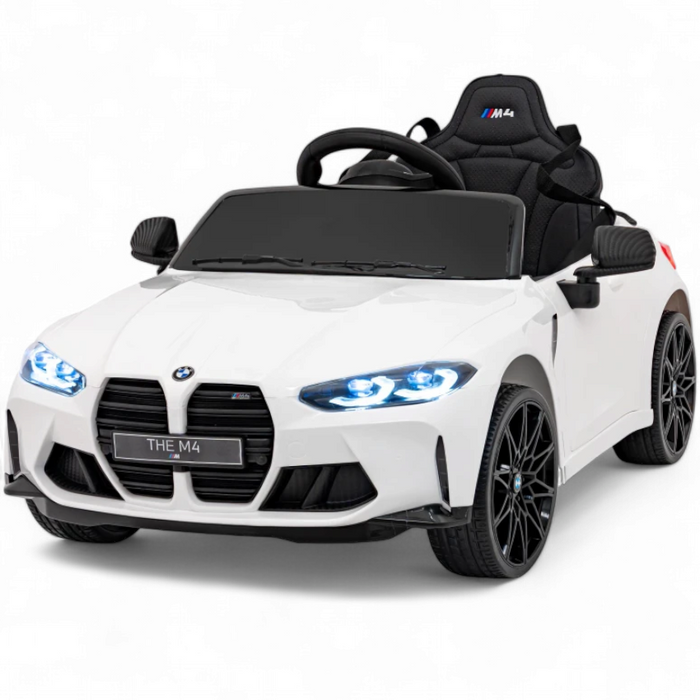 Coche eléctrico infantil BMW M4 12V blanco con RUEDAS DE GOMA y ASIENTO DE PIEL ECOLÓGICA