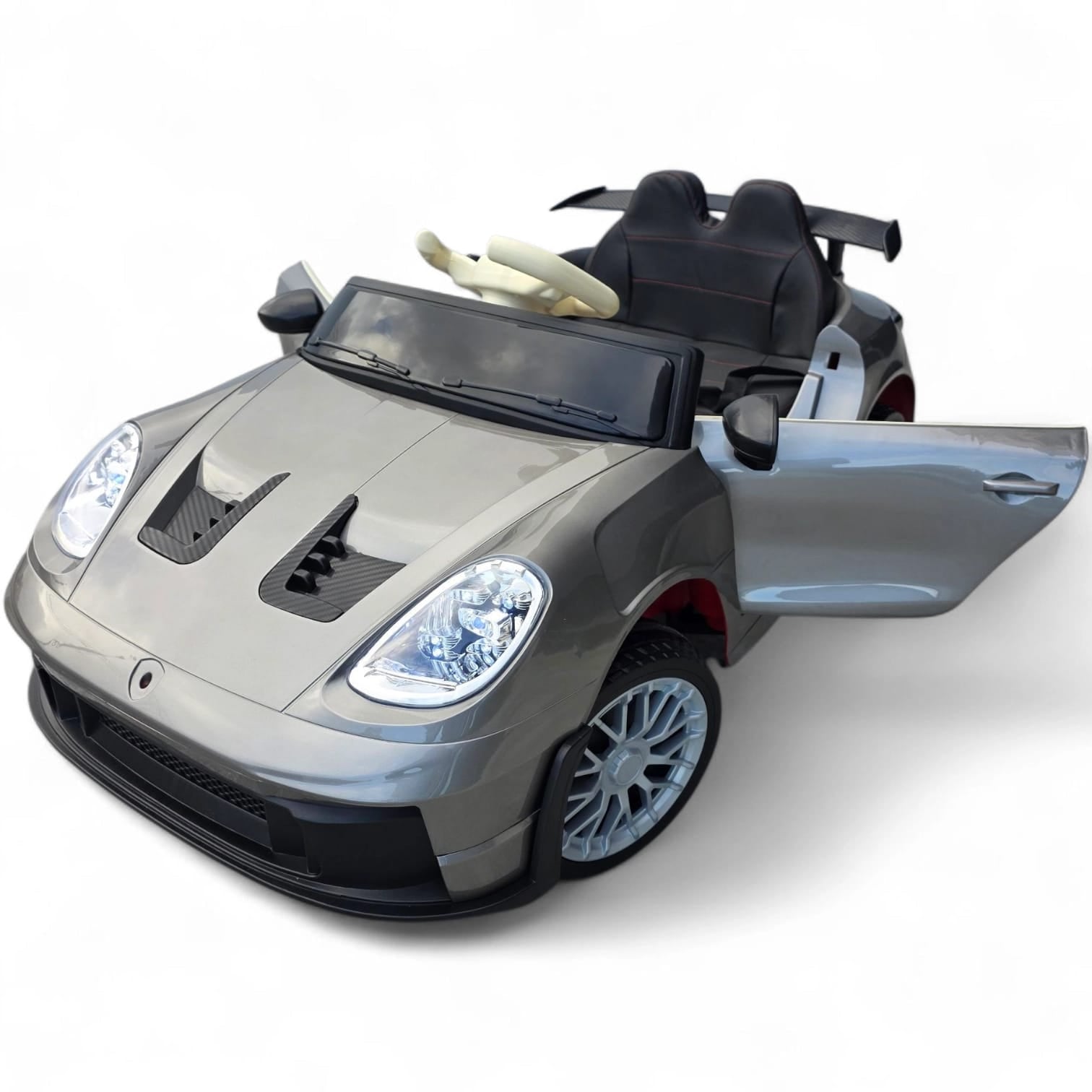 Coche Eléctrico para Niños GT3 Style Gris Metalizado 12v c/ RUEDAS DE GOMA & ASIENTO DE PIEL