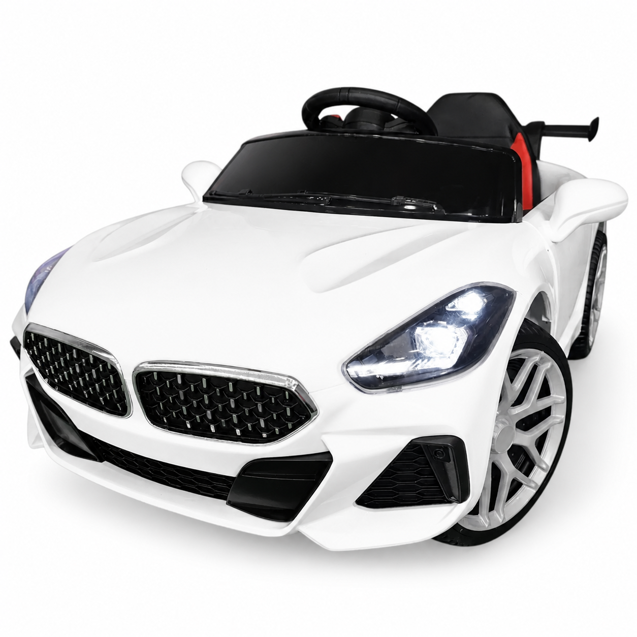 Coche eléctrico infantil BM Z4 Style blanco de 12 V con ruedas de goma y asiento de piel