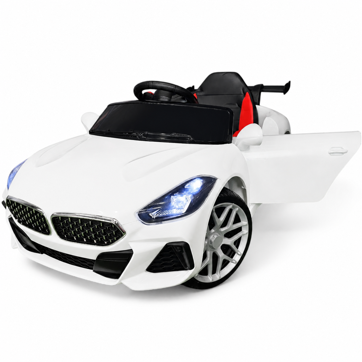 Coche eléctrico infantil BM Z4 Style blanco de 12 V con ruedas de goma y asiento de piel