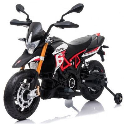 Mota Elétrica para Criança APRILIA DORSODURO 12v Preta c/ RODAS DE BORRACHA & ASSENTO EM PELE