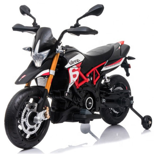 Mota Elétrica para Criança APRILIA DORSODURO 12v Preta c/ RODAS DE BORRACHA & ASSENTO EM PELE